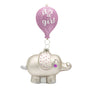 Pink and silver baby elephant ornament with a glittered pink balloon reading “it’s a girl,” shown from the front hanging view.
