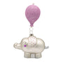 Side view of a pink and silver baby elephant ornament with glittered pink ear accents, raised trunk, and a pink balloon topper.