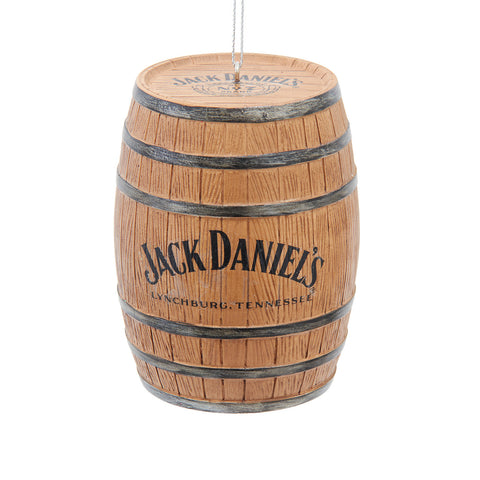 Ornament shaped like a wooden Jack Daniel’s barrel with metal bands and black lettering that reads “Jack Daniel’s Lynchburg, Tennessee.”