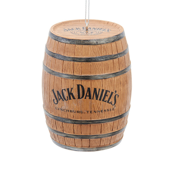 Ornament shaped like a wooden Jack Daniel’s barrel with metal bands and black lettering that reads “Jack Daniel’s Lynchburg, Tennessee.”