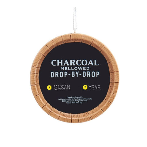 Personalized Jack Daniel’s Charcoal Mellowed barrel ornament with a name and year added. 