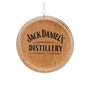 Jack Daniel’s Distillery barrel ornament with a woodgrain design and Lynchburg, Tennessee wording on the back.