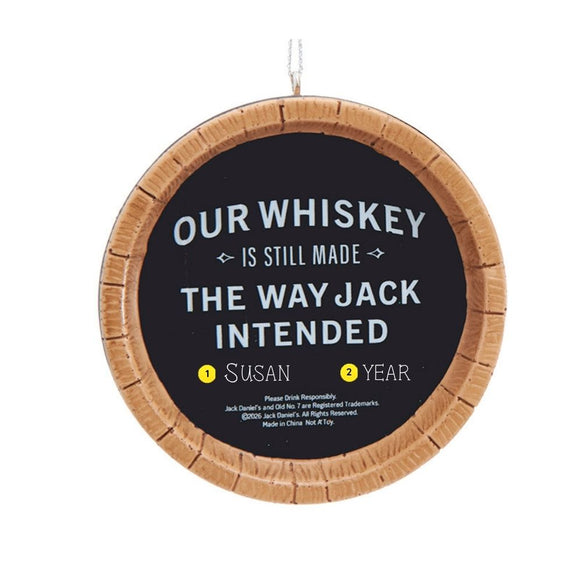 Personalized Jack Daniel’s Our Whiskey barrel ornament with a name and year added.