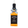 Jack Daniel’s Tennessee Whiskey bottle ornament with amber coloring, black label, silver bow, and hanging string.