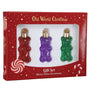 Set of three gummy bear-shaped ornaments in red, purple, and green packaging with 'Old World Christmas' branding.