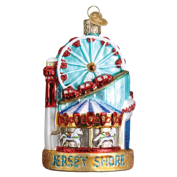 Decorative ornament with a Ferris wheel and carousel, labeled 'Jersey Shore', on a white background.