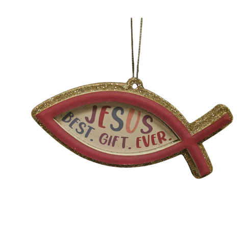 Gold glitter ichthys ornament with the words Jesus Best Gift Ever.