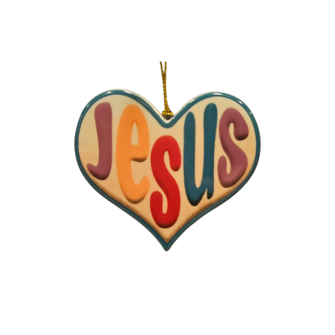 Heart-shaped ornament with the word Jesus in bold multicolor lettering and a blue border.
