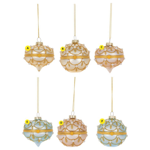 Jeweled hinged box ornaments shown in six assorted styles, featuring round and finial-shaped designs with pastel finishes, pearl accents, and gold trim.