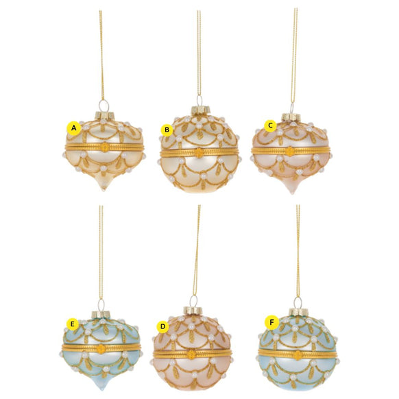 Jeweled hinged box ornaments shown in six assorted styles, featuring round and finial-shaped designs with pastel finishes, pearl accents, and gold trim.