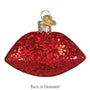 Red glittery lips Christmas ornament on a white background back of ornament