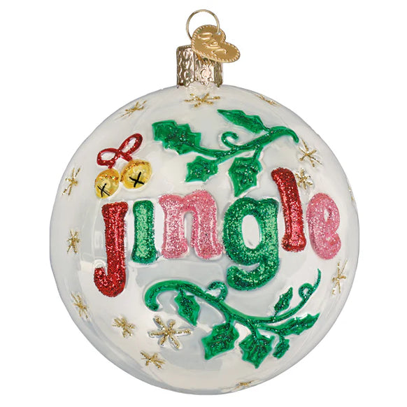 Decorative Christmas ornament with 'Jingle' text on a white background