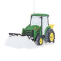 John Deere Snow Plow Tractor ornament with green tractor, yellow wheels, snowy tires, and front plow blade.