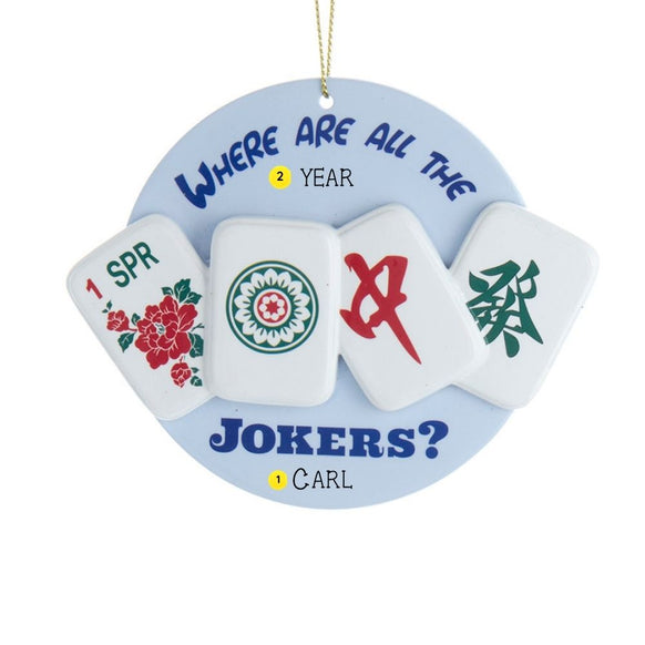 Personalized Where Are All the Jokers Mahjong ornament with a blue round background, mahjong tiles, and sample name and year personalization.