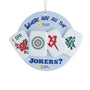 Personalized Where Are All the Jokers Mahjong ornament with a blue round background, mahjong tiles, and sample name and year personalization.