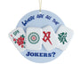 Decorative ornament with mahjong tiles and text 'Where are all the jokers?' on a blue background