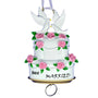 Wedding Cake Ornament with Just Married wording, lovebirds and a ring hanging off the bottom