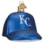 Blue baseball cap ornament with 'KC' logo on a white background