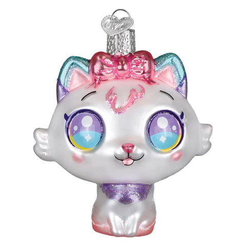 Decorative kawaii cat ornament with colorful eyes and a bow on a white background