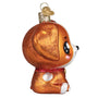 Glass ornament of a Kawaii brown and white dog with a red collar on a white background side view
