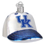 Glass ornament shaped like a baseball cap with 'UK' logo on a white background