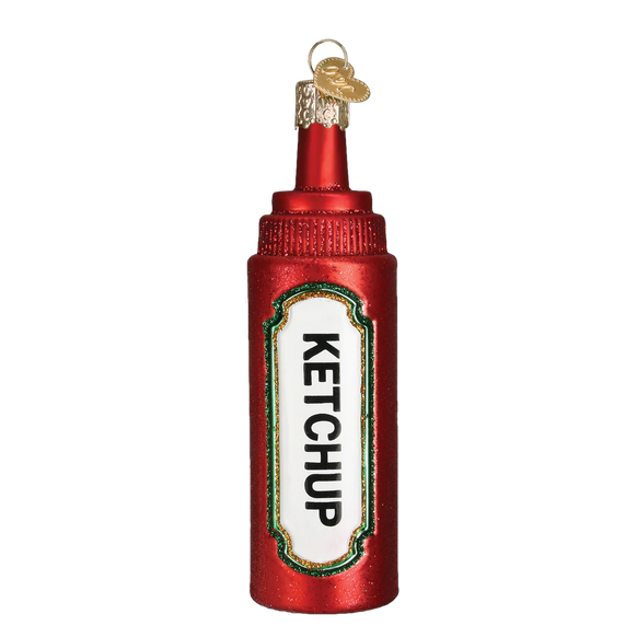 Decorative glass ketchup bottle ornament on a white background