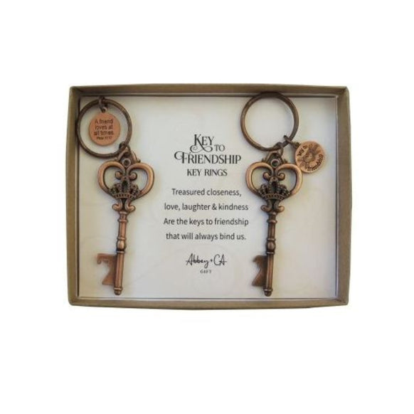 Key To Friendship Keyring Set in gift box with two vintage-style key keyrings, friendship charms, and printed sentiment card.