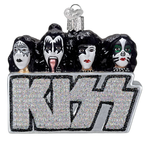 KISS ornament with band members' faces and 'KISS' logo on a white background