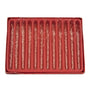 Open red box holding 12 clear twisted glass icicle ornaments arranged in individual slots, each with a thin silver hanging loop attached.
