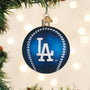 Blue baseball-shaped ornament with LA logo on a Christmas tree.