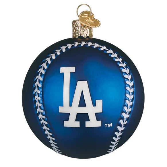 Blue glass ornament shaped like a baseball with 'LA' logo on a white background