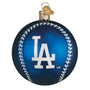 Blue glass ornament shaped like a baseball with 'LA' logo on a white background