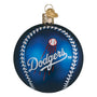 Glass ornament shaped like a baseball with 'Dodgers' branding on a white background