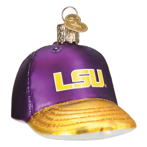 Glass ornament shaped like a purple LSU football baseball cap on a white background
