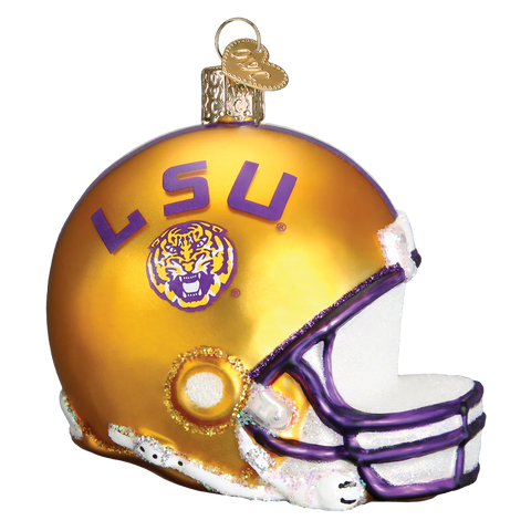 Glass ornament shaped like a LSU football helmet on a white background