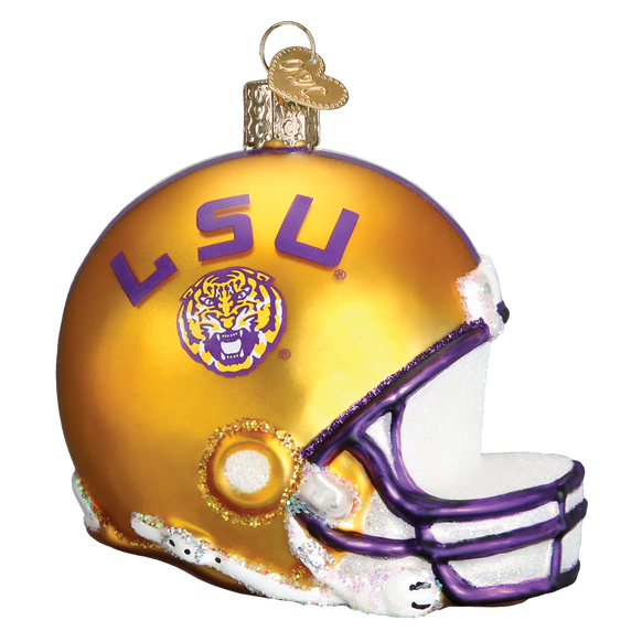 Glass ornament shaped like a LSU football helmet on a white background