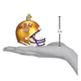 Glass LSU football helmet ornament held in a hand with a measurement indicator showing 3 inches.