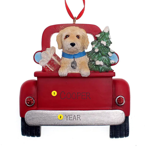 Personalized Labradoodle Dog in Back of Truck Ornament