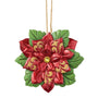 Front view of Jim Shore Legends of Poinsettia Ornament featuring red poinsettia petals, green leaves, gold glitter accents, and a jewel-like center.