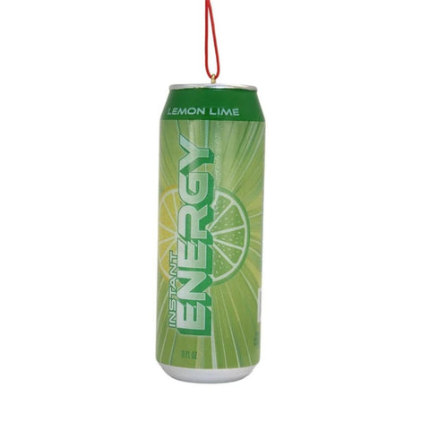 Green energy drink can ornament with lemon lime wording, citrus slice graphics, and silver can details.