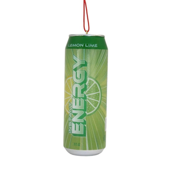 Green energy drink can ornament with lemon lime wording, citrus slice graphics, and silver can details.