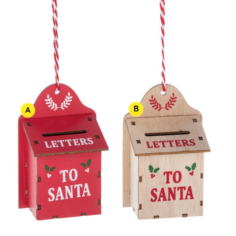 Letters to Santa ornament shown in two styles: a red mailbox with white lettering and a natural wood mailbox with red lettering, both with holly accents and hinged front doors.