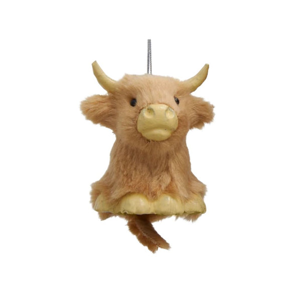 Light brown fuzzy Highland cow ornament with curved horns, cream-colored muzzle and feet, and a hanging string.