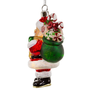 Side view of a lighted glass Santa ornament with red suit, white glitter trim, green gift bag, candy canes, and silver hanging cap.