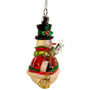 Side view of a lighted glass snowman ornament with a black top hat, holly detail, red coat, green scarf, broom, and sparkling snowflake.