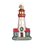 Decorative glass lighthouse ornament on a white background