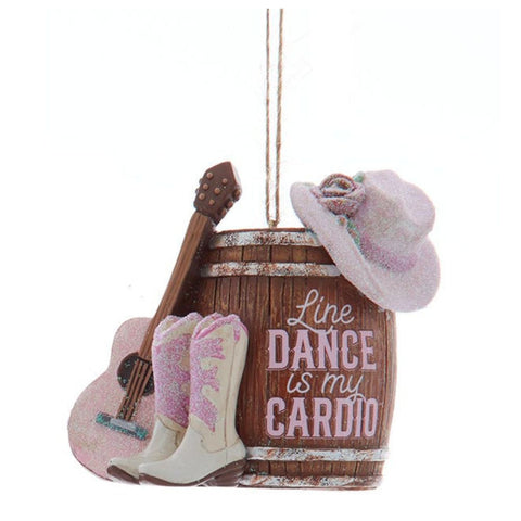 Western Christmas ornament with cowboy boots, a guitar, a hat, and a rustic barrel that reads Line Dance Is My Cardio.
