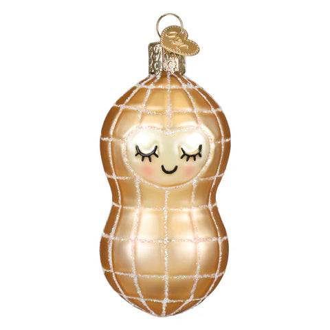 Decorative glass ornament shaped like a peanut with a smiling face on a white background