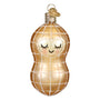 Decorative glass ornament shaped like a peanut with a smiling face on a white background