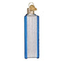 Decorative glass ornament with blue and white design on a white background